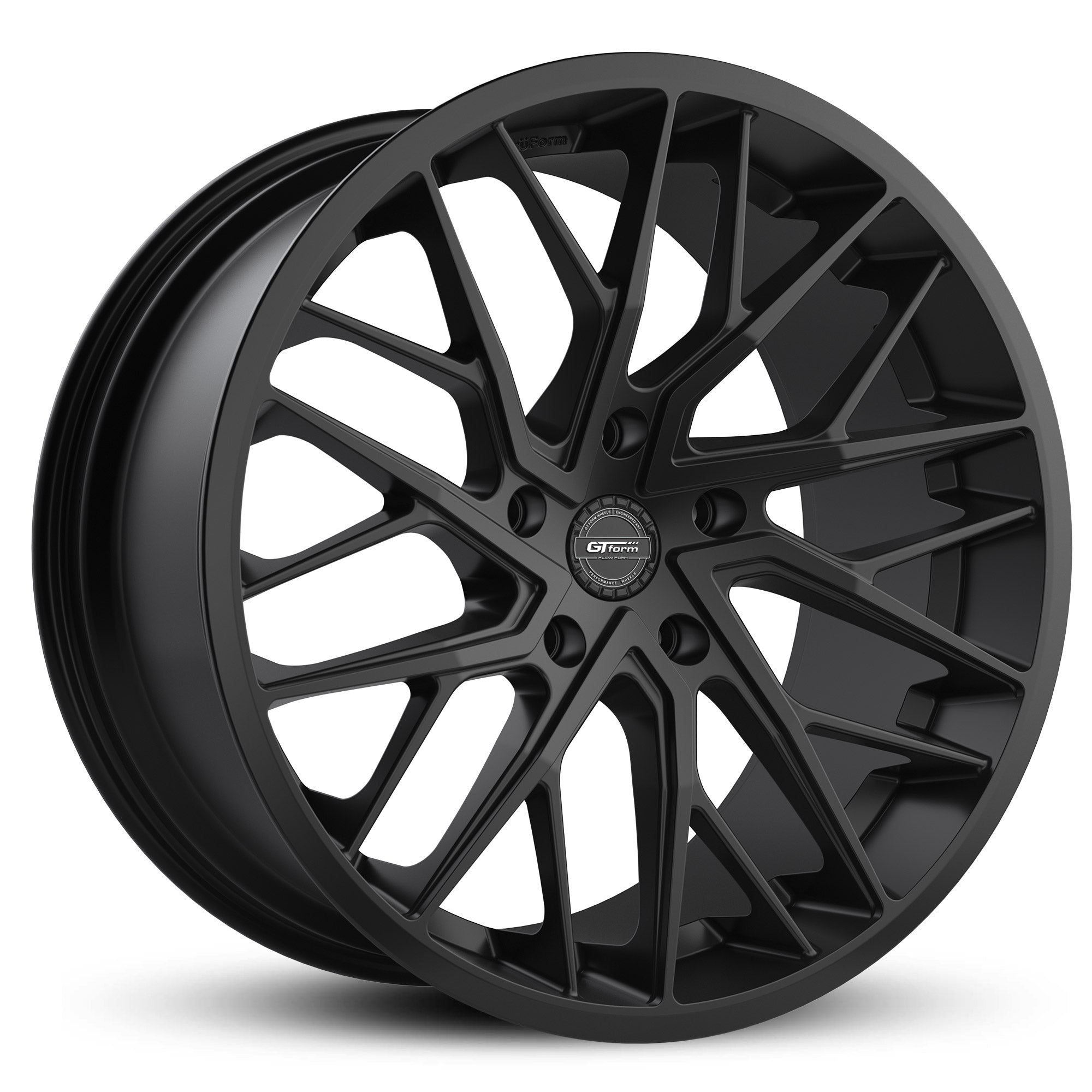 GT Form Vertex Satin Black wheel — twisted multi-spoke hybrid forged