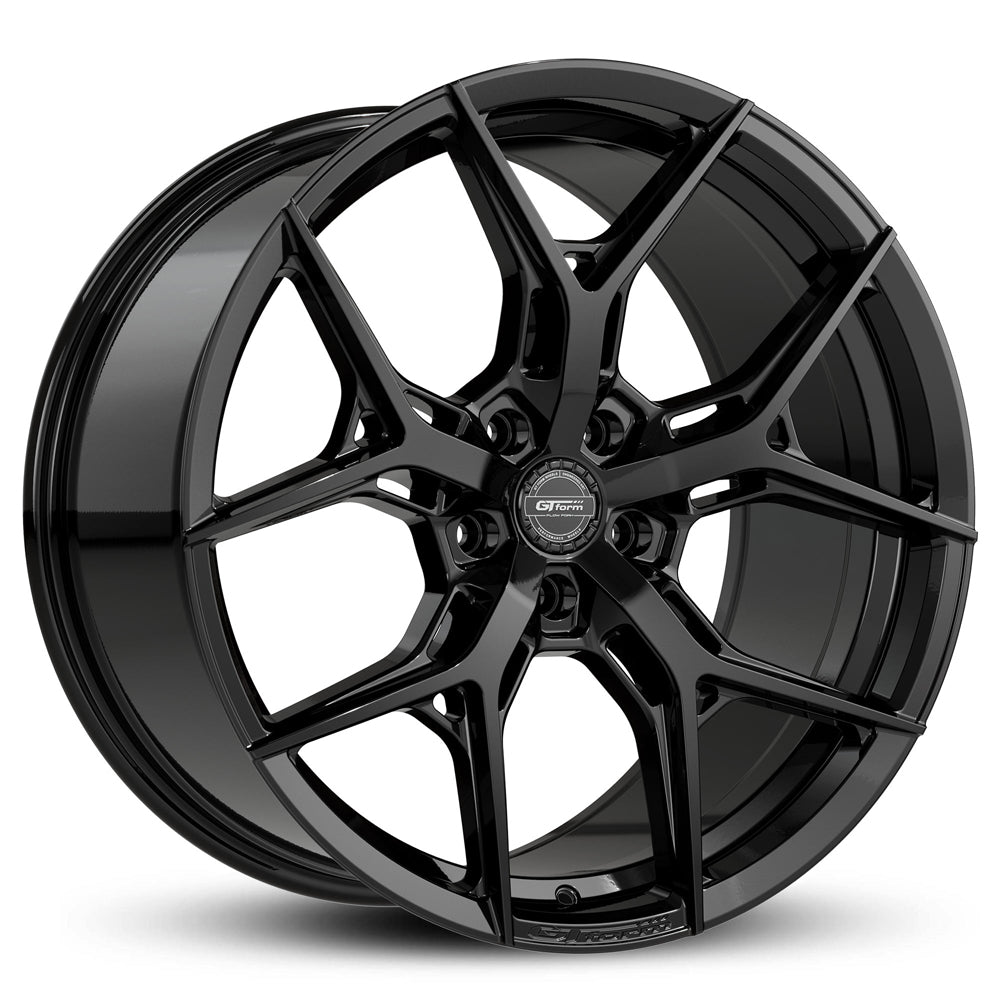 GT Form Torque Gloss Black wheel — split 5-spoke Y-pattern hybrid forged